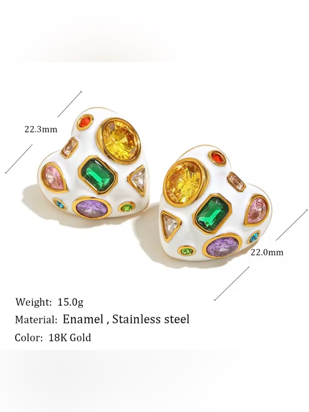 Gold-Tone White Enamel Heart Earrings with Multicolor Gemstones